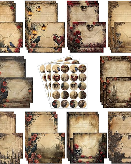 TaoBary 160 Pcs Stationery Paper Set 50 Double Sided Stationery Papers with 50 Matching Envelopes and 60 Round Dot Sticker, 10 Design(Gothic Style,8.25 x 5.5 Inch)