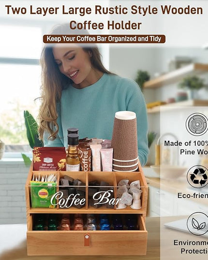 Intarsio 2-Tier Coffee Bar Organizer with Clear Acrylic Top, Built-in Drawer and Leather Handle Pull for Countertop, Stylish Coffee Station Storage Box for Accessories, Pods, Great Gifts for Home