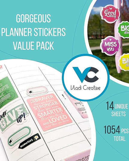Vladi Creative Planner Stickers - 1054 Pieces, 15 Sheets, Decorative & Productivity-Boosting Colorful Stickers for Journals, Calendars, Scrapbooking, Time Management, & DIY Planner Decoration