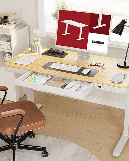 Standing Desk with Drawer, Electric Height Adjustable Home Office Desk with Storage & USB Ports, 48 inch Bamboo Texture Tabletop/White Frame