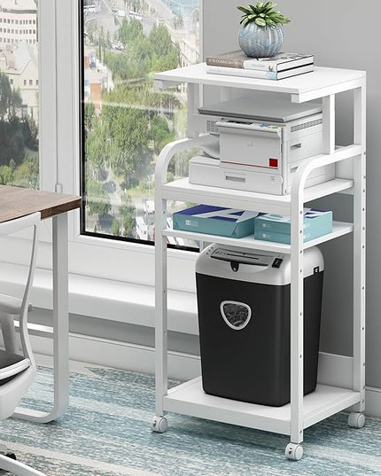4 Tier White Printer Stand Table with Adjustable Shelves, Movable Printer Shredder Stand with Wheels for Home Office Storage and Organization, Rolling Cart for Computer Tower CPU