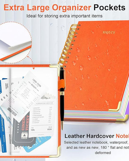 Hardcover Spiral Notebook 6.2"x 8.2" Journal Notebook with Tabs and Removable Dividers 300 Pages 5 Subject Notebook College Ruled, Faux Leather Spiral Bound Notebook for Women School Work(Orange)