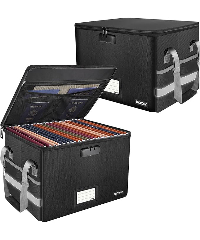 ENGPOW File Box with Lock, Fireproof Document Box with Pockets, Collapsible File Organizer Filing Storage Cabinet with Handle, Portable Home Office Safe for Hanging Letter/Legal Folders,Black,2 Pack