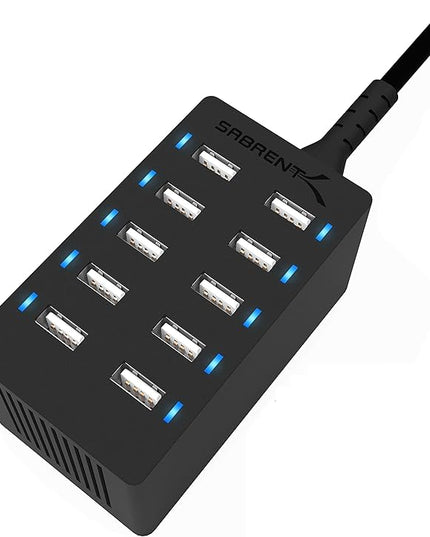 Sabrent 60 Watt (12 Amp) 10-Port [UL Certified] Family-Sized Desktop USB Rapid Charger. Smart USB Ports with Auto Detect Technology [Black] (AX-TPCS)