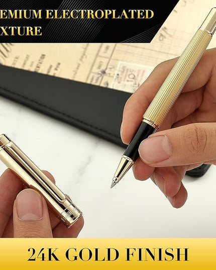 BEILUNER Lighthouse Series Rollerball Pen, 24K Gold Finish Pen Body, Exquisite Vertical Lines, Schneider 850 Refill, Nice Pen Gift Set for Men & Women, Office, Executive and Fancy Designer Pens (Gold)
