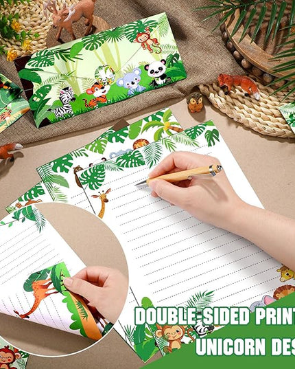 TaoBary 160 Packs Stationery Paper Set (50 Double Sided Stationery Writing Papers 50 Matching Envelopes) 60 Round Dot Sticker, 10 Design(Safari Animal,8.5 x 11 Inch)