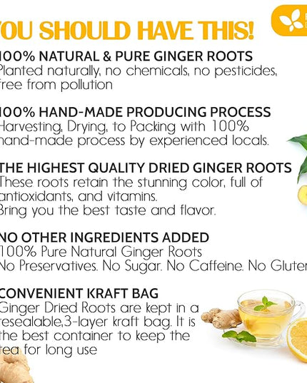 FreshDrinkUS, Premium 10oz Natural Ginger Roots, Cut and Sifted, 100% Natural & Pure from Ginger Roots, Ginger Tea, Ginger Loose Herbal Tea, No Additives, No Caffeine, Vegan