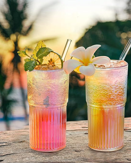 Joeyan 22 oz Iridescent Glass Tumbler with Straw and Lid for Iced Tea Coffee Smoothie Water Juice Beverages Soda,Ribbed Glasses Cups,Borosilicate Drinking Jar,Set of 2