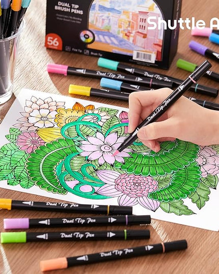 Shuttle Art Pastel Brush Pens, 56 Pastel Colouring Pens, Dual Tip Brush Markers with Fineliner Tip, Drawing Felt Tip Pens for Adults Colouring Books, Painting Sketching Calligraphy and Journaling