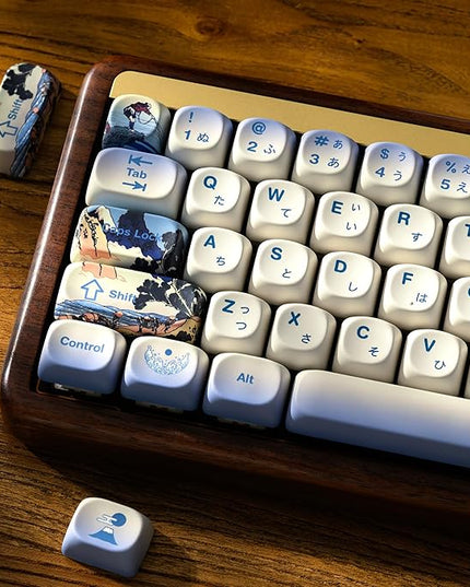 OHY XVX MOA Profile Japanese Fuji Mountain Theme Keycaps Set, 132 - Key Blue & Creamy White Custom Keycaps for US Layout Mechanical Keyboards -Blue and White