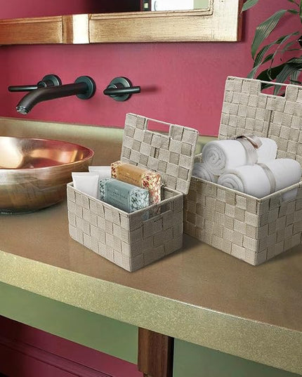 Sorbus Set of 3 Storage Baskets for Organizing with Lid – Mesh Hand-Woven Baskets for Closet, Shelf & Home Storage (Beige, Variety Pack)