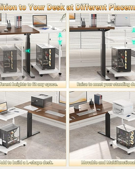 Computer Tower Stand with Power Strips, 4 Levels Manual Height Adjustable PC Tower Stand for Under Desk, Mobile Rolling CPU Holder, Computer Cart with Wheels, 24", Carbon Fiber White