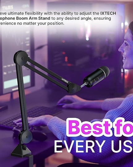 IXTECH Microphone Boom Arm Stand, Heavy Duty Adjustable Mic Stand with Cable Ties, Desk Mount Arm Stand for Gaming Streaming Podcasting.