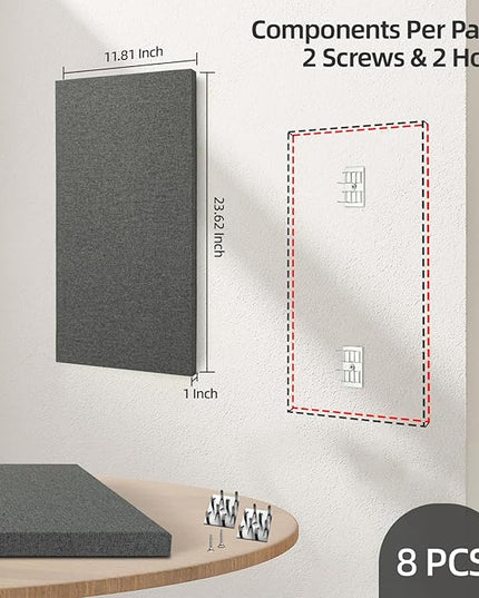 Art3dwallpanels 8 PCS Acoustic Panels, 24''x12'' Fabric Soundproof Wall Panels, Easy-Hook Mounting Sound Absorbing Panels for Studios, Office, Home Theater,Dark Grey