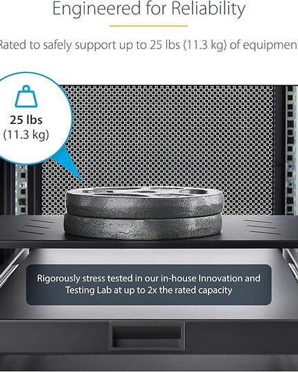 StarTech.com 1U Vented Server Rack Shelf, 12in/31.5cm Mounting Depth, for 19" Rack/Cabinet, SPCC Steel, Max 25lb/11.3kg