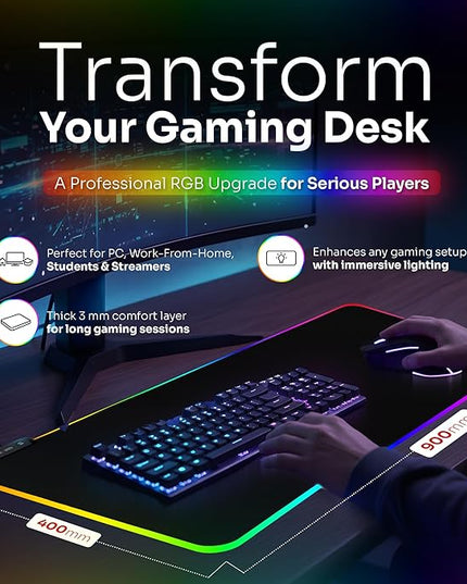 RGB Mouse Pad 35.4×15.7 Inches – Extended LED Mouse Pad with 14 Lighting Modes, Gaming Desk Mat, PC Gaming Accessories, Large Keyboard Pad with Non-Slip Rubber Base.