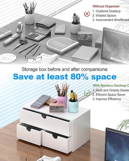 Bamboo Desk Organizer with Drawers Desktop Storage Drawers for Bills Office Supplies Kitchen Utensils Organizing Tool for Home Classroom Organization No Assembly (White)
