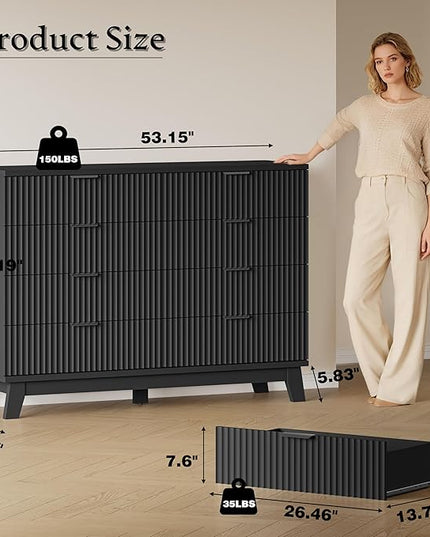 BORNOON 53" Tall Dresser for Bedroom, 8-Drawer Fluted Chest of Drawers, Modern Wood Highboy with Metal Slides and Handles, Anti-Tip Kit, Vertical Clothes Storage Organizer for Apartment, Closet