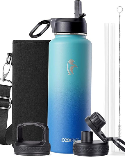Coolflask Water Bottle 40 oz Insulated with Straw, Stainless Steel Metal 3 Lids Water Flask for Sports or Office, Keep Cold 48H Hot 24H, Indigo Blue