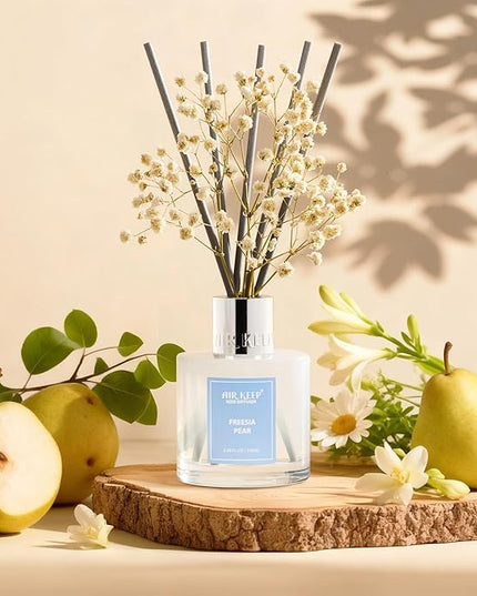 Airkeep Reed Diffuser Set,3.38 fl oz (100 ml) - Freesia Pear Oil Diffusers with 8 Reed Sticks, Home Fragrance Reed Diffuser for Bathroom Shelf Decor