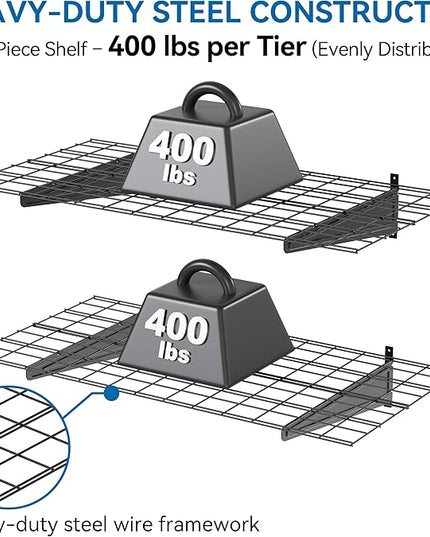 2-Pack 2x4ft Garage Wall Shelving, 24"x48" Shelf Storage Rack Floating Shelves Wall Mounted, Heavy Duty Storage Shelves, 800lbs Load Capacity, with 8 Hooks for Garage Organization, Black