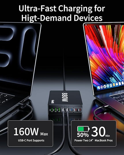 880W USB C Charger Block Charging Station 8 Port Fast Chager 140W PD PPS AVS HUB Laptop MacBook Charger Compatible with All iPhone 17 Pro Max/17 Air/16 SE/Samsung Galaxy 25/ MacBook Pro/Air/iPad Pro