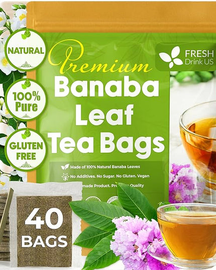 FreshDrinkUS, Premium 40 Banaba Tea Bags, 100% Natural & Pure from Banaba Leaves. Loose Leaf Banaba Herbal Tea. No Sugar, No Caffeine, No Gluten, Vegan.
