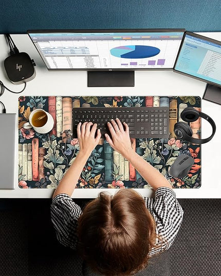 Floral Books Desk Mat Reading Desk Pad Mouse Mat XXL, Colorful Mouse Keyboard Pad Flower Bookshelf Desktop Mat, Long Computer Mats Aesthetic Desk Accessory Reader's Home Decor 31.5" x 15.7"