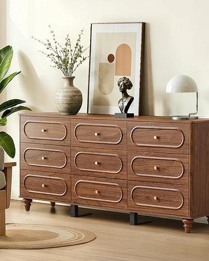 9 Drawer Fluted Dresser for Bedroom, Mid Century Modern Chest of Drawers, Wood Storage Small Dresser Organizer for Bedroom Living Room Hallway Closet, Walnut