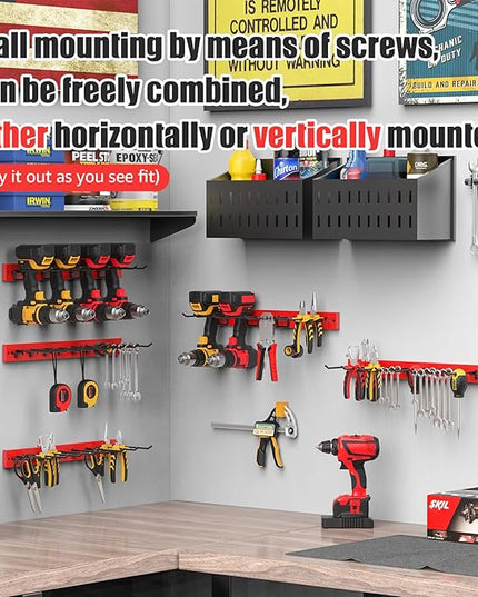 CCCEI 3 Modular Pegboard Strip Storage, Metal Peg Slat Wall Mount for Garage, Basement, Garden, Laundry Room Organization. Flexible Tool Organizer for Rake, Shovels, Crafting. Gifts for Men, Red.