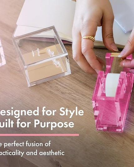 OfficeGoods Acrylic Tape Dispenser – Modern Desk Organizer for Office Supplies – Heavy Duty Refillable Tape Holder for Home and School Crafting – Stylish Desktop Accessory for Gift Wrapping, Pink