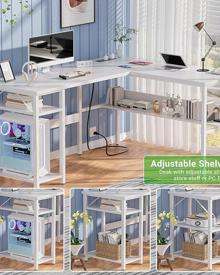 Unikito Reversible L Shaped Computer Desk with Magic Power Outlets and USB Charging Ports, Sturdy Corner Desk with Storage Shelves, Durable Work Desk for Home Office, Easy to Assemble, White