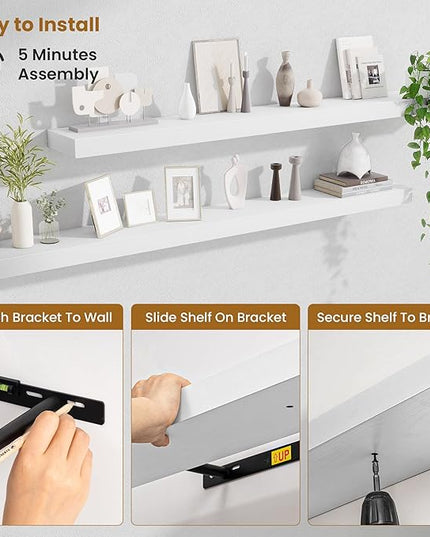 Fun Memories 55 Inch Floating Shelves Bedroom, Large Extra Floating Shelf Set of 2 with Invisible Brackets, White
