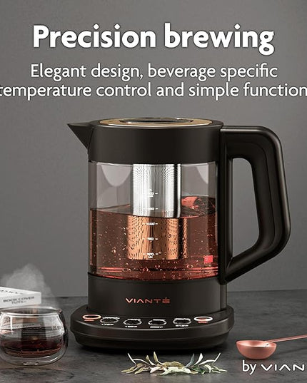 Vianté Electric Kettle With Infuser For Loose Leaf. Hot Tea Maker With Temperature Control And Automatic Shut Off. Tea Kettle With Brewing Programs. 1.5 Liters Capacity | Black Color