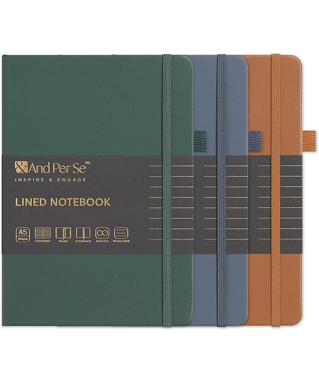 &And Per Se Lined Journal Notebook (3 Packs), 160 Pages 100GSM Thick Paper, A5 Hardcover College Ruled Journals for Writing, 5.7'' x 8'' (Brown, Blue & Green)