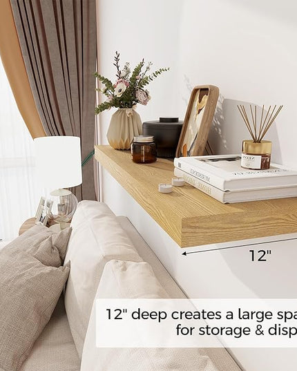 Floating Shelves 36 Inch Long, 12 Inch Deep Floating Shelves for Wall, 36 x 12 Shelves for Wall Storage & Display, 2" Thick Floating Shelf for Bathroom, Living Room, Bedroom, Oak Color, Set of 1