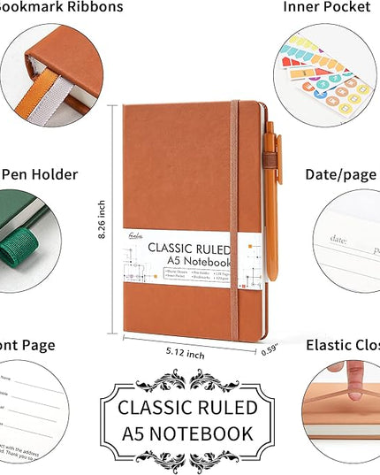 feela Hardcover Notebook For Work, Classic Ruled Lined Journal Set School Business Supplies, with 3 Black Pens, 120 GSM, 5.1”x8.3”, 3 Pack, A5, Vintage Colors