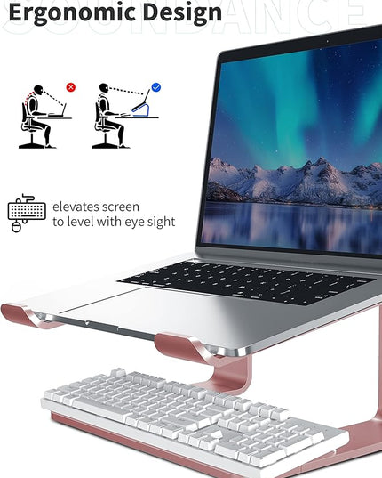 SOUNDANCE Laptop Stand, Aluminum Computer Riser, Ergonomic Laptops Elevator for Desk, Metal Holder Compatible with 10 to 15.6 Inches Notebook Computer, Gold Pink