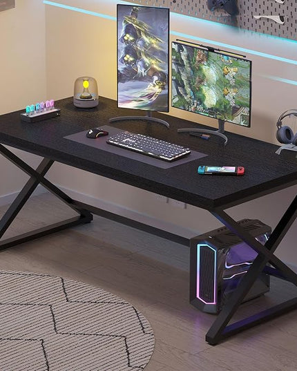 IBF Black Desk, Modern Computer Desk for Writing Study, Industrial Simple Home Office Work Desk in Bedroom, Wood Metal Pc Gaming Laptop Workstation Executive Computer Table, Black Oak, 60 Inch