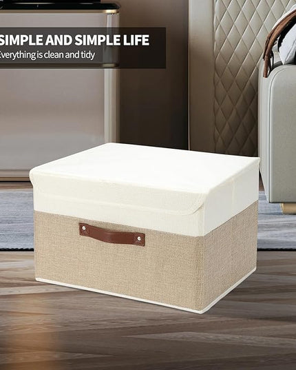 8 Pack Decorative Storage Bins Containers Fabric Bins with Lids Storage Baskets Bulk for Shelves Drawers, Desktop, Closet, Playroom, Classroom, Office, Bedroom, (15INx10INx10IN, Beige/White)