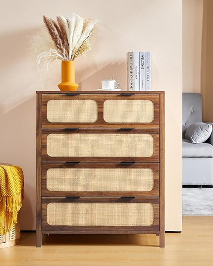 LEVNARY 4 Drawer Dresser Set of 2, Rattan Dressers Storage Cane Cabinet, Wooden Chest of Drawers Dresser for Bedroom, Entryway, Living Room (2, Walnut)
