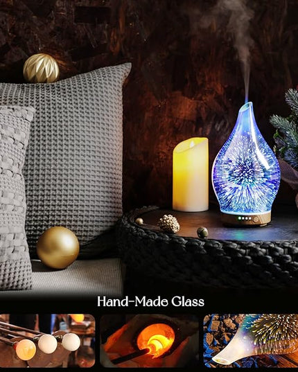 Porseme Oil Diffuser 3D Glass Aromatherapy Ultrasonic Humidifier, Air Refresh Auto Shut-Off, Timer Setting, BPA Free for Home Hotel Yoga Leisure SPA Gift 150ml Last 6H