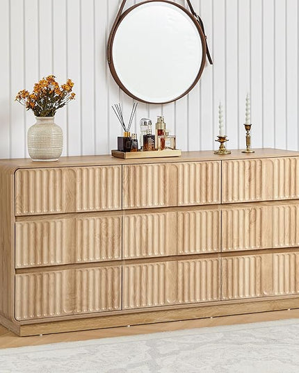 Fluted 9 Drawer Dresser for Bedroom, 60" Wide Modern Chest of Storage Drawers, Wood Dresser & Chest of Drawers with Curved Corners, Dressers TV Stand for Living Room (60" Natural 9 Drawer)