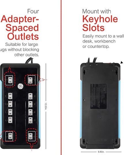GE UltraPro 12 Outlet Surge Protector, Tethered 2 USB Ports, 8 Ft Power Cord, 4320 Joules, Flat Plug, Power Filter, Circuit Breaker, Warranty, UL Listed, Black, 11824
