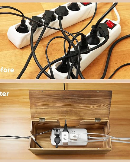 Large Cable Management Box - Burnt Wood Cable Organizer Box and Power Strip Box for Electrical Cord Management - Hide Desk Cord and Floor Cables - Wire Storage and Organization for Cords