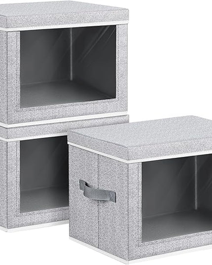 Collapsible Storage Bins with Lids - Stackable Storage Containers with Window, 3 Pack Fabric Bins for Closet, Home & Office Organization Baskets, Light Gray, 14.9" x 9.8" x 9.8"