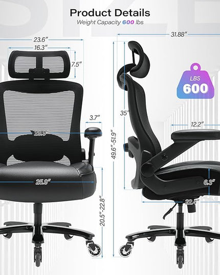 Big and Tall Office Chair 600lbs with 3D Flip Arms Adjustable Headrest - Heavy Duty Large Wheels Executive Computer Desk Chair, Ergonomic Lumbar Support Mesh High Back Plus Size Chair for Adults