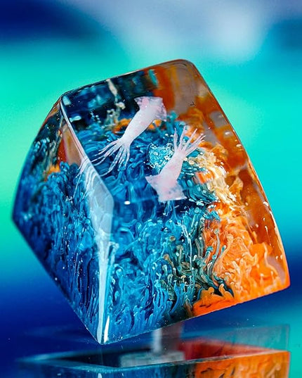 Couple Squids in Teal Orange Coral Artisan Keycap R1 SA Profile Custom Sea Creatures Keycaps 1U ESC Handmade Gaming Resin Key cap Cherry MX Switch Compatible Mechanical Keyboard Sea Ocean Lover Gift