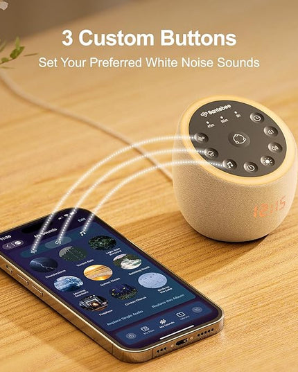 White Noise Sound Machine for Sleeping, 388 Soothing Sounds, Smart APP Control, Custom Buttons, Non Looping Natural Sounds, Bedside Dimmable Clock, Night Light, Santebee for Adults Baby Kids Lullaby