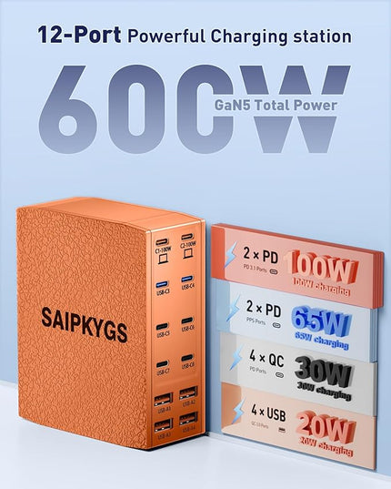 USB Charging Station (600W),12-Port USB C Charger Block with Dual 100W PD USB-C Fast Charging Station Hub for MacBook Pro/Air/All iPad Phone 17/16 15/14/13/Pro Max/Samsung Galaxy Note(Orange)